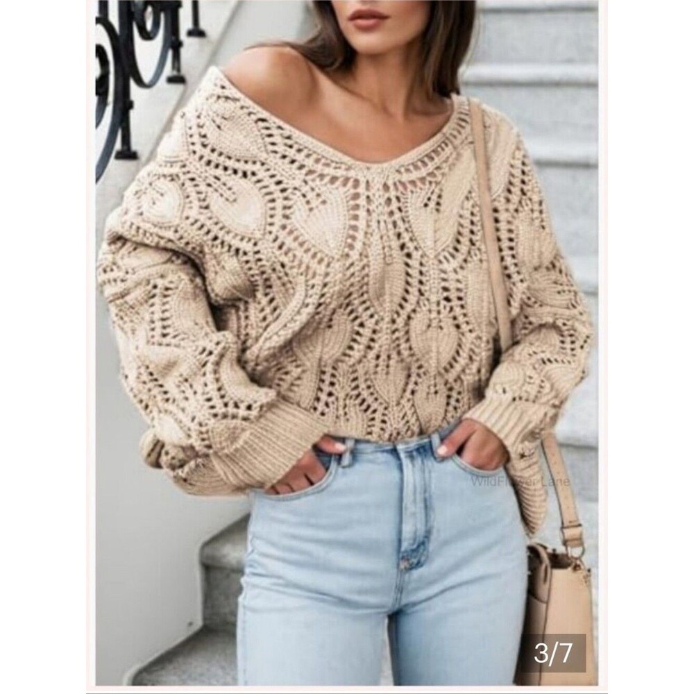Dokotoo Open Knit Crochet Sweater Beige Cotton Blend Boho Cottagecore Baggy Chic